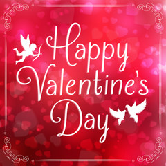 Naklejka na ściany i meble Valentine's Day card with lettering, cupid and doves.