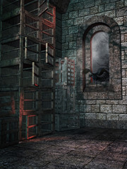 Pokój w zamkowej wieży z klatkami i krukiem © Obsidian Fantasy
