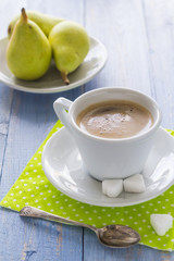 coffee cup black wooden board brown pears white milk