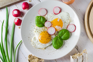 Fried eggs shape hearts Valentines dish
