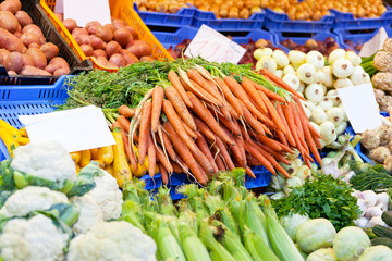Sale of vegetables and fruit in bowls in  market