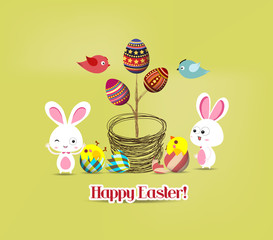 easter eggs tree bunny and birds