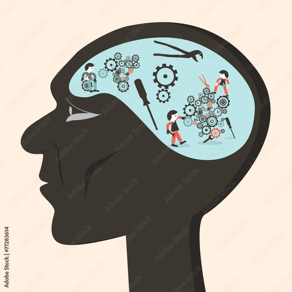 Poster man head with cogs and workers vector illustration