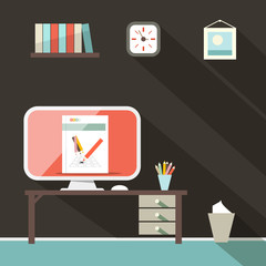 Flat Design Retro Office Room Illustration