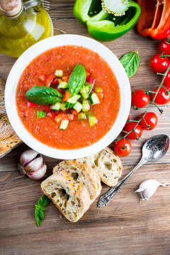 Tomato gazpacho soup with pepper and garlic, Spanish cuisine