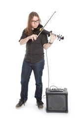 young man with glasses plays electric violin standing in studio