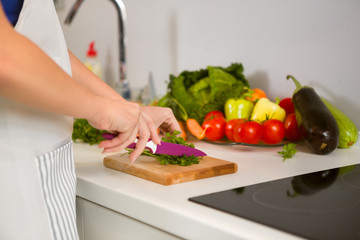 Cutting parsley in a kitchen