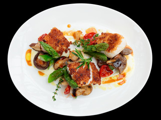 Fish fillet with mushrooms and asparagus, isolated