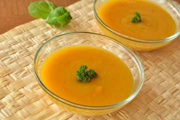 Pumpkin Creme Soup In The  Glass Bowl