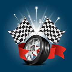 Wheel with red ribbon and race finish flag