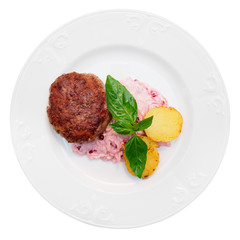 Beef patty cake with creamy sauce and potatoes, isolated