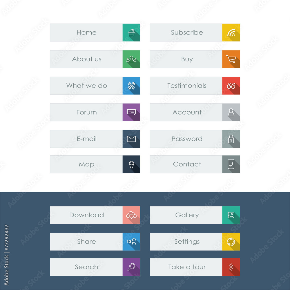 Poster set of flat design icons with long shadow in colorful bars for