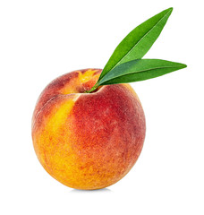 Peach with leaf isolated on white background