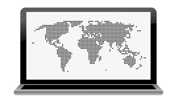 laptop with dotted world map vector