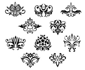 Set of black and white floral elements