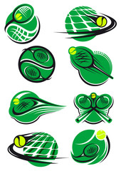 Tennis icons and symols with rackets balls, net