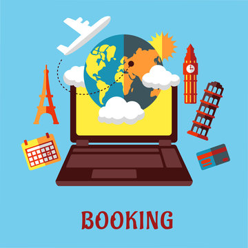 Online travel and booking flat concept