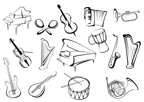 Musical instruments icons in sketch style