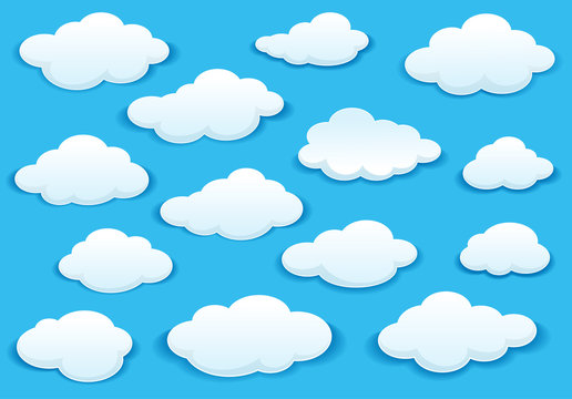 White fluffy cloud icons on blue sky
