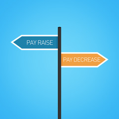 Pay raise vs pay decrease choice road sign