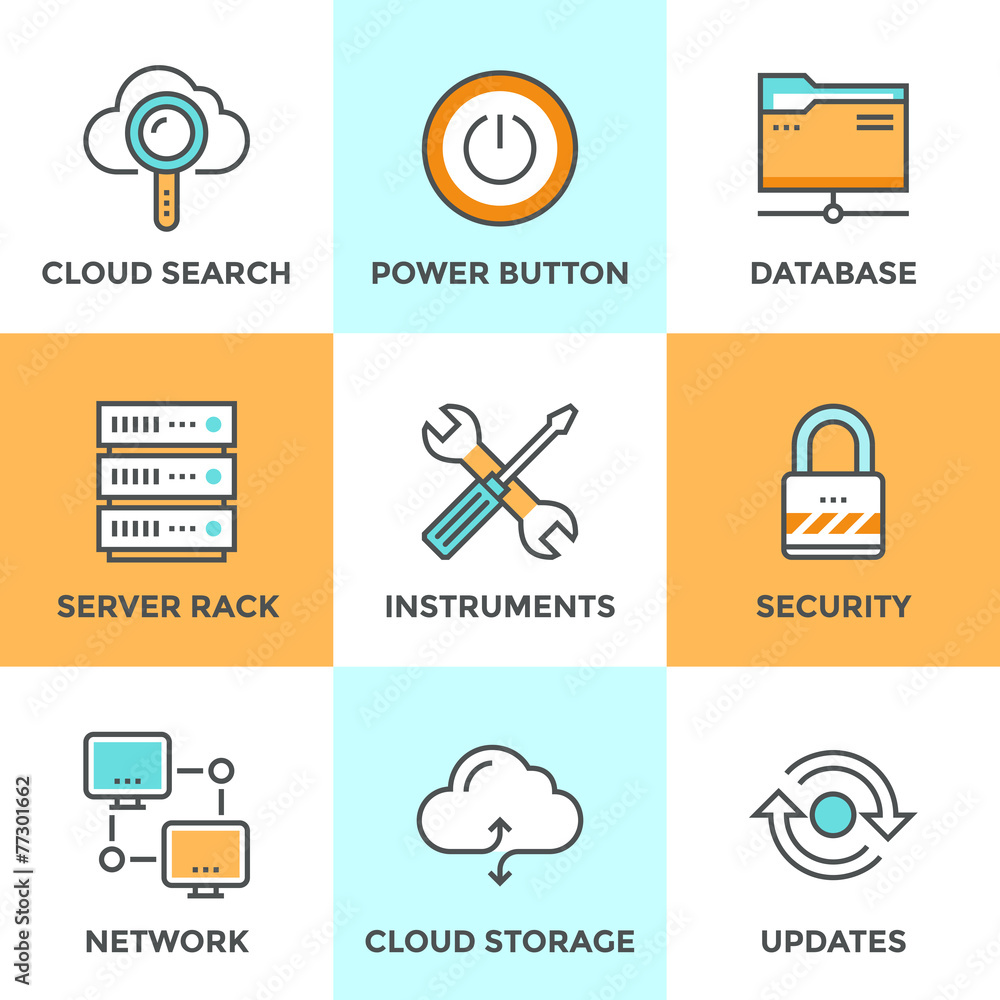 Poster cloud computing line icons set