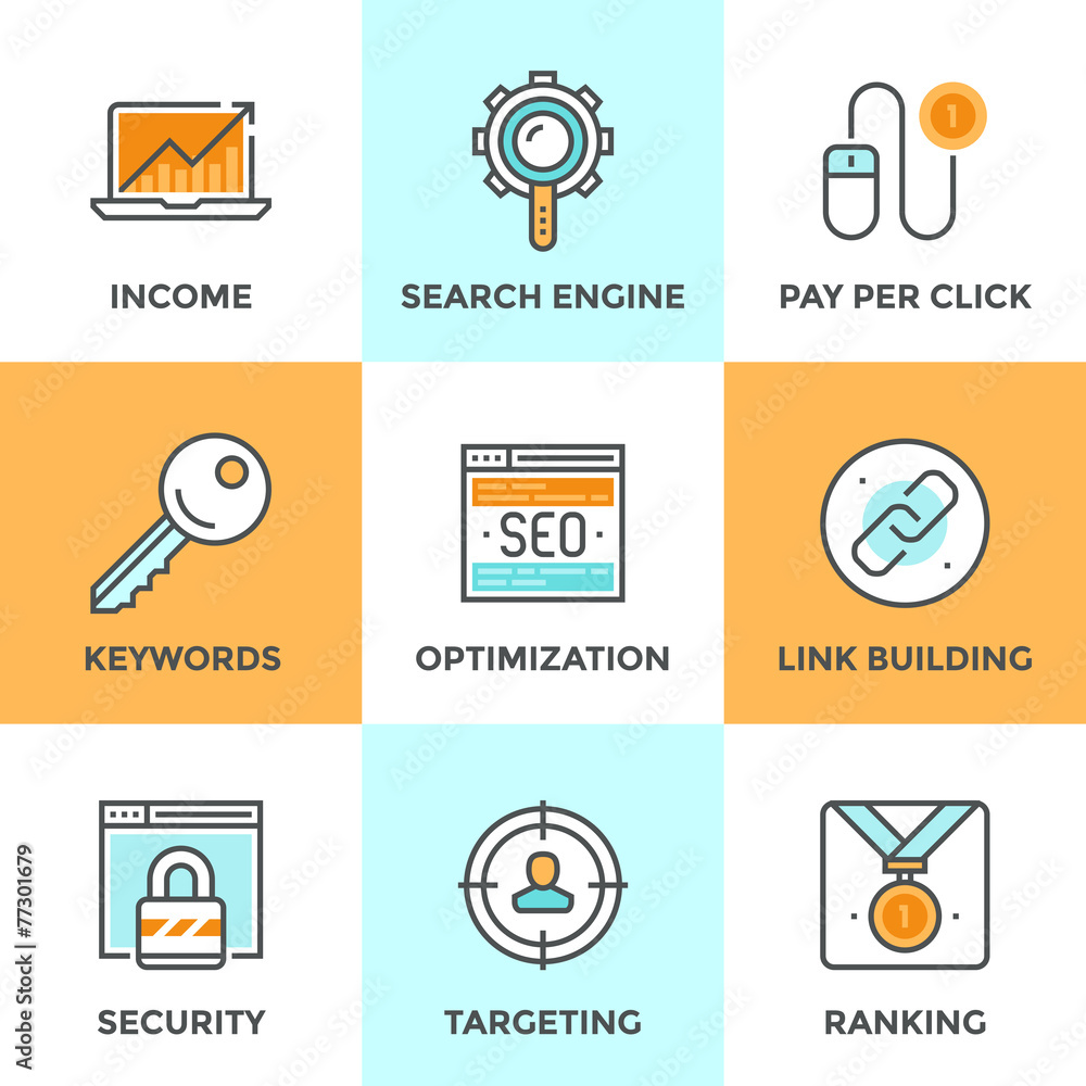 Poster seo and web optimization line icons set
