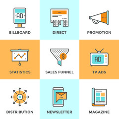 Advertising and marketing line icons set