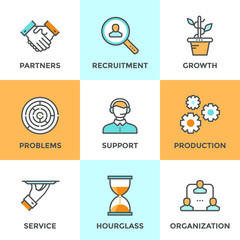 Cooperation and organization line icons set