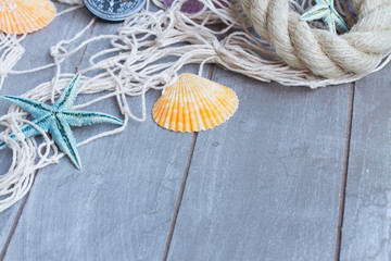 fishing net on wooden background