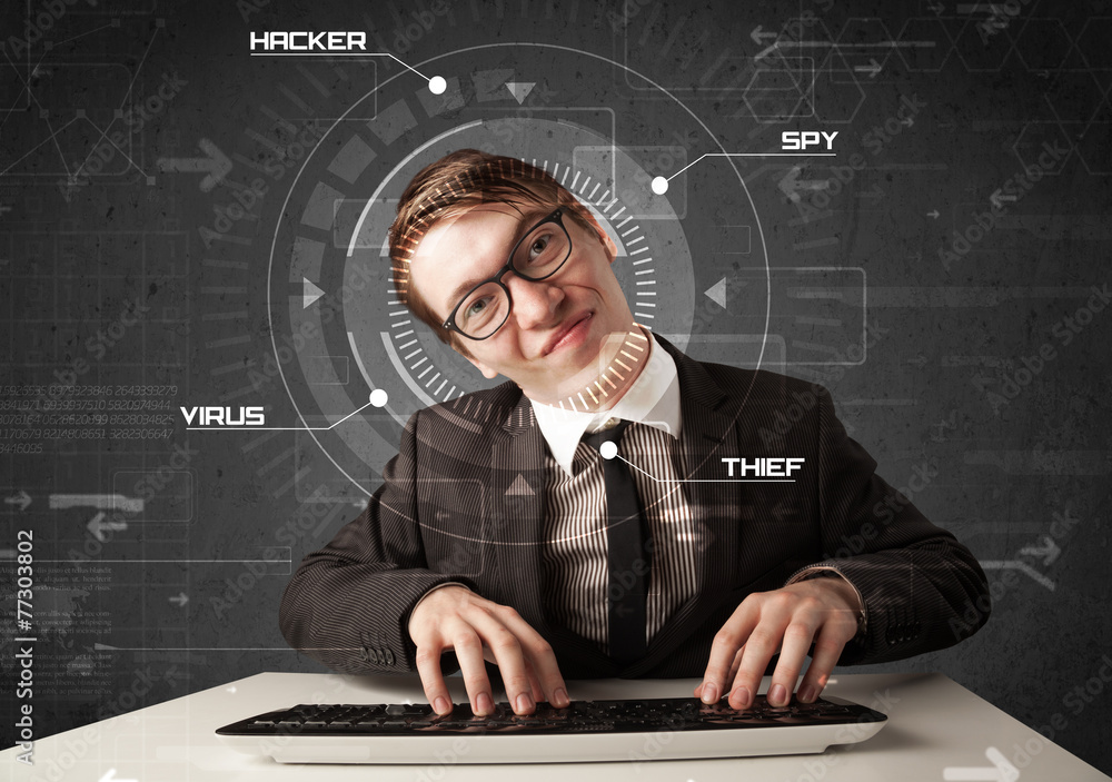 Poster young hacker in futuristic enviroment hacking personal informati