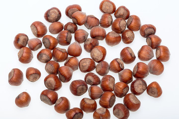 Pile of hazelnuts isolated on white background