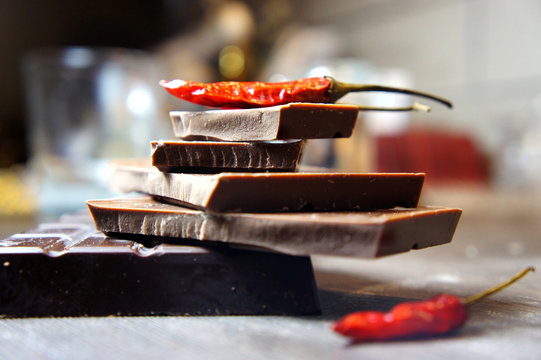 Pieces of chocolate with chili