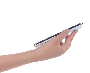 Hand holding a smart phone isolated on white