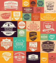 Collection of vintage retro labels, badges, stamps and ribbons