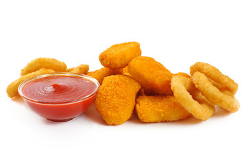 Nuggets, onion rings, ketchup isolated on white background