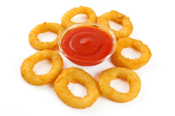 Obraz na płótnie Canvas Onion rings, ketchup isolated on white background