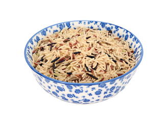 Mixed rice grains in a blue and white china bowl