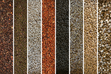 A collage of peppercorn varieties and spices on white