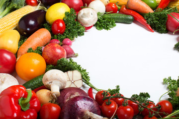 decorative pattern of fresh vegetables on white background
