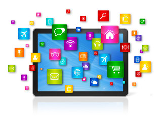 Digital Tablet pc and flying apps icons