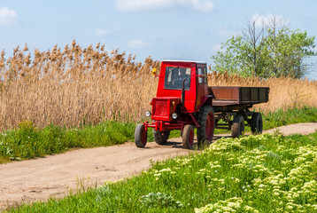 Obraz premium Old red tractor on the agricultural field
