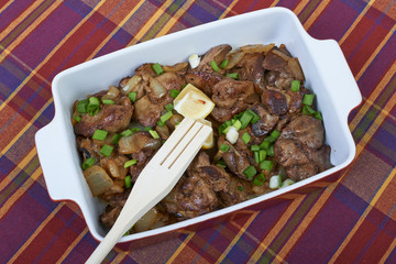 Fried chicken liver in a ceramic plate isolated