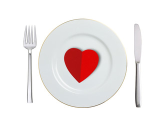 red heart on white plate, spoon and fork isolated on white
