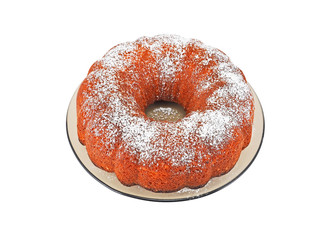 Round biscuit cake on plate, isolated on a white background