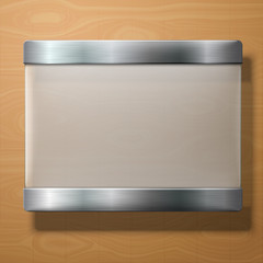 Vector frosted glass plate with metal holders, on wooden
