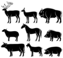 Set of monochrome wild and domestic animals