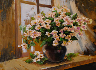 Oil painting on canvas - still life flowers on the table, art wo - 77324000