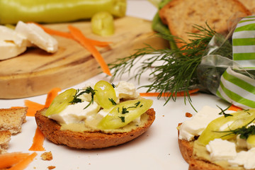 Vegetarian sandwich with hummus, chesse and paprika