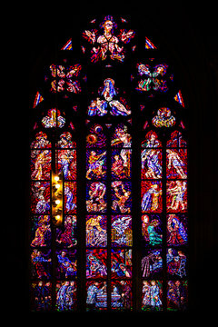 Central stained glass church of St. Vitus in the Czech Republic