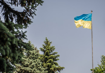 Ukrainian flag on mast against blue sky